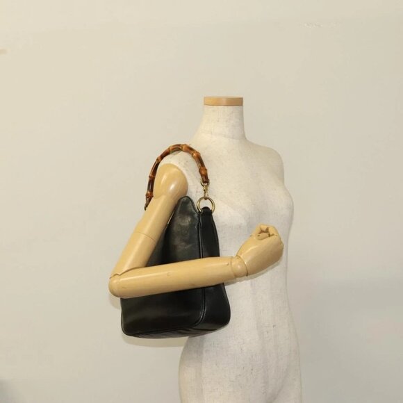 GUCCI Bamboo Hand Bag Leather Black Gold - Picture 1 of 16